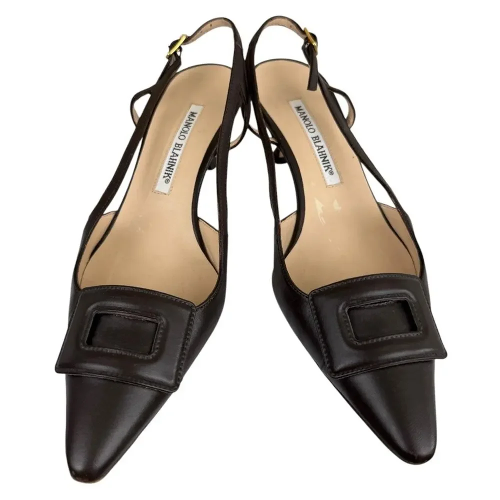 Manolo Blahnik brown leather slingback heels pointed toe buckle detail size 35.5 - Picture 5 of 8